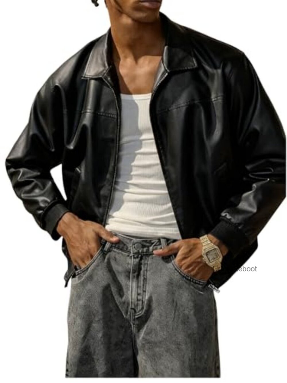 Faux Leather Jacket Men Full Zip Collared Bomber Streetwear